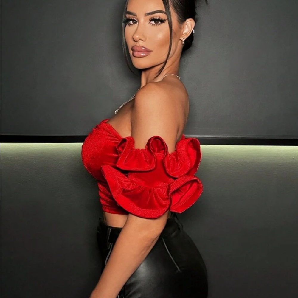 Off Shoulder Ruched Ruffle Trim Crop Velvet Top - Picture 5 of 6